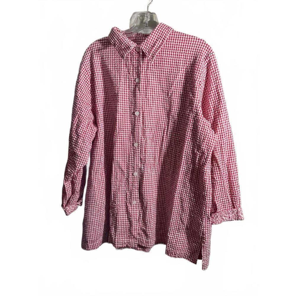 Susan Graver 1X Red Checkered Button-Up Shirt 1X